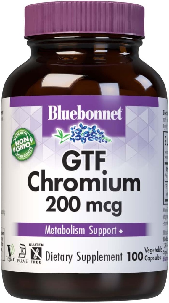 Bluebonnet Beslenme GTF Kromium 200 mcg, Soy-Free, Gluten-Free, Non-GMO, Kosher Sertifikalı, Süt-Free, Vegan, 100 Sebze Kapsülleri