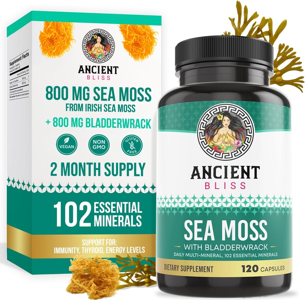 Antik Bliss Organik İrlanda Deniz Moss Pills - Dr. Sebi Wildcrafted Seamoss Capsules | Tiroid, Sağlıklı Skin & Gut Desteği | 120 Capsules