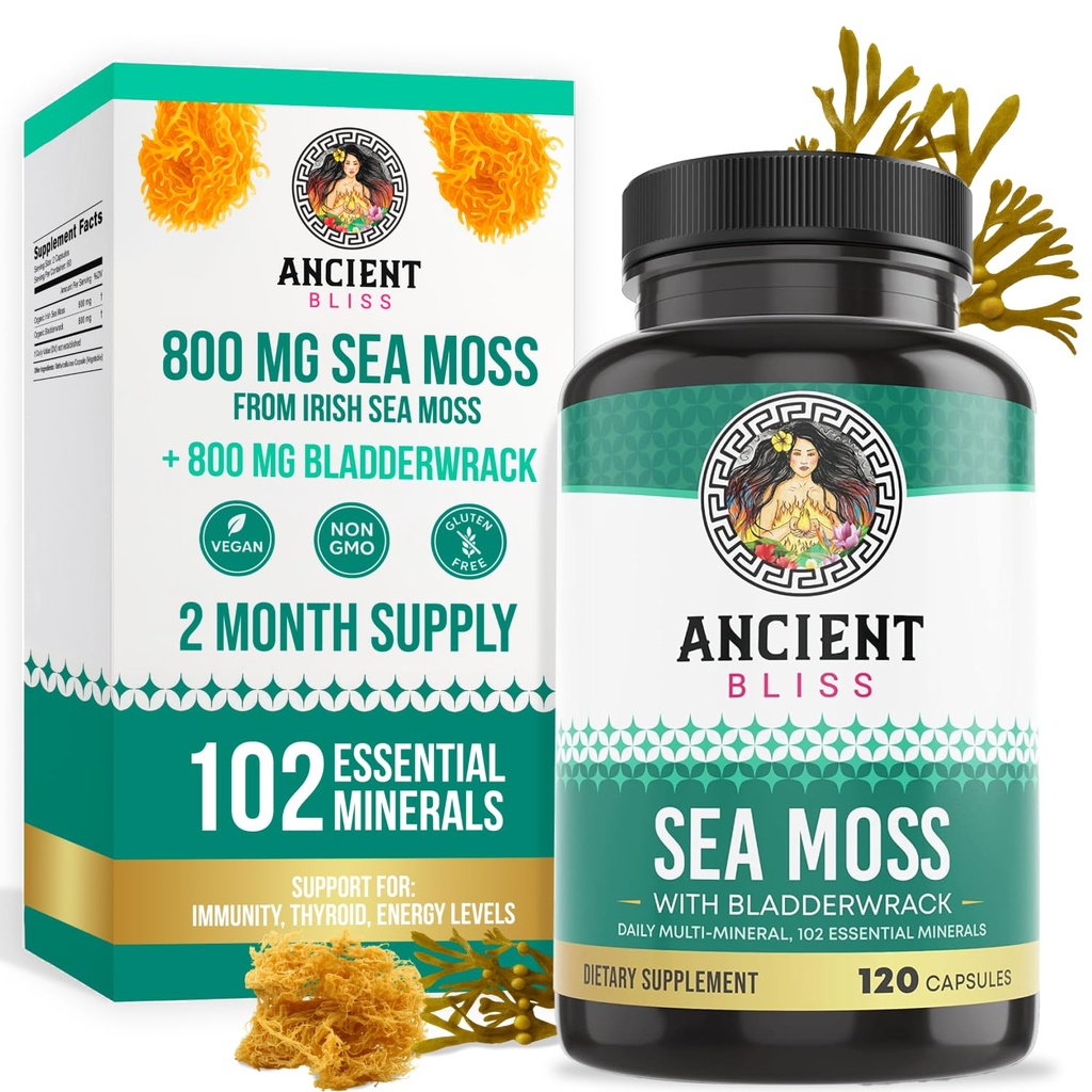 Antik Bliss Organik İrlanda Deniz Moss Pills - Dr. Sebi Wildcrafted Seamoss Capsules | Tiroid, Sağlıklı Skin & Gut Desteği | 120 Capsules