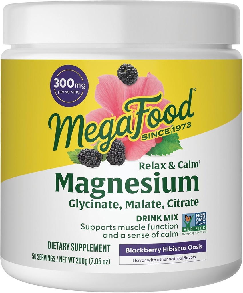 MegaFood Relax + Calm Magnezyum Toz - Yüksek derecede Absorbable Magnezyum Glycinate, Magnezyum Citrate & Malate - 9 Yiyecek Allergens olmadan - Blackberry Hibiscus Oasis - 705 Oz (50 hizmet)
