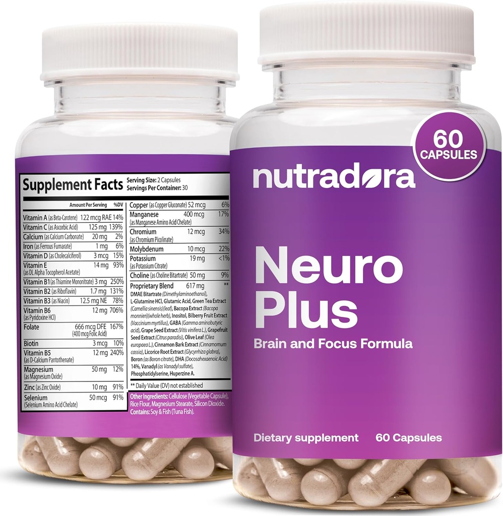 Neuro Plus Brain Supplement for Memory and Focus, 41 Malzemeler, Premium Focus Supplement with DMAE Supports Concentration & Energy for Men and Women, Formulated in USA, 60 Capsules, Premium Focus Supplement with DMAE Supports Concentration & Energy for Men and Women, Formulated in USA, 60 Capsules