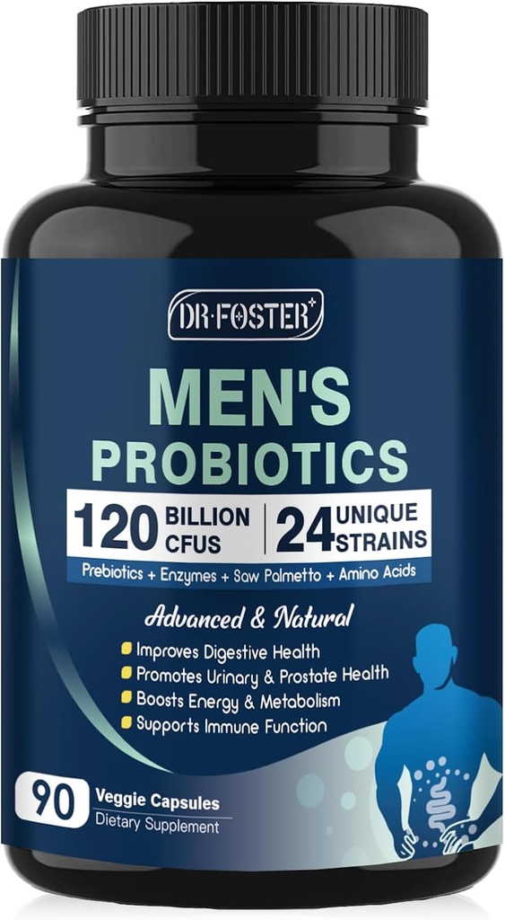 Erkekler için Probiyotikler Sağlığı, 120 Milyar CFUs Erkekler Probiyotik with Digestive Enzymes & Prebiyotiks & Saw Palmetto & Cranberry for Gut, Prostate & Urinary Tract Health, Raf Stable, 90 Capsules