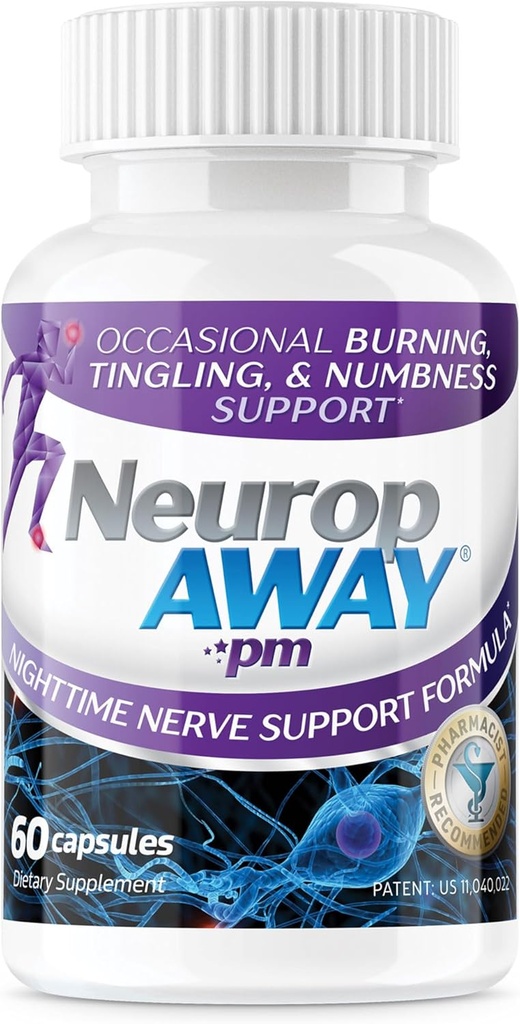 NöropAWAY Nerve Support PM, with R-Alpha Lipoic Acid to Help Nerve Relief in as Little as 5 Days, Acetyl-L-Carnitine, Theanine, Melatonin, and Metilcobalamin, 60 Capsules