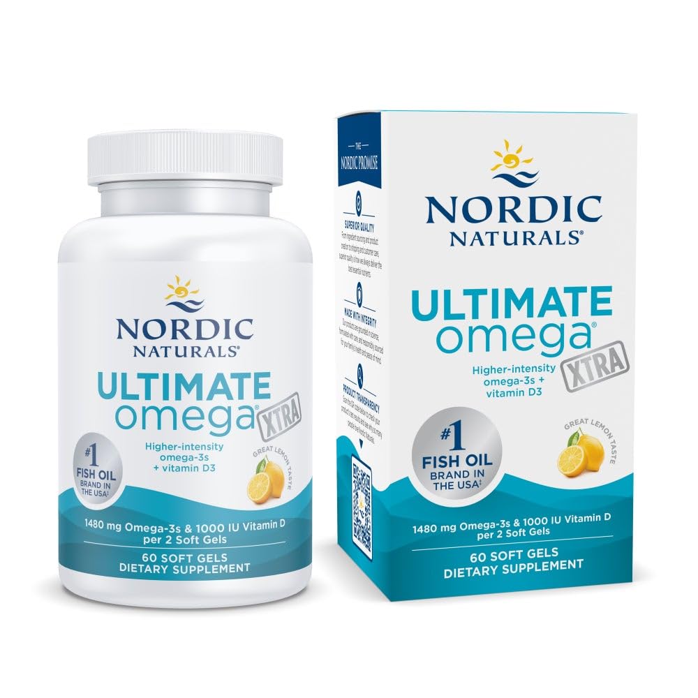 Nordic Naturals Ultimate Omega Xtra, Lemon Flavor - 60 Soft Gels - 1480 mg Omega-3 + 1000 IU Vitamin D3 - EPA & DHA - Brain, Heart, & Immune Health - 30 Servings
