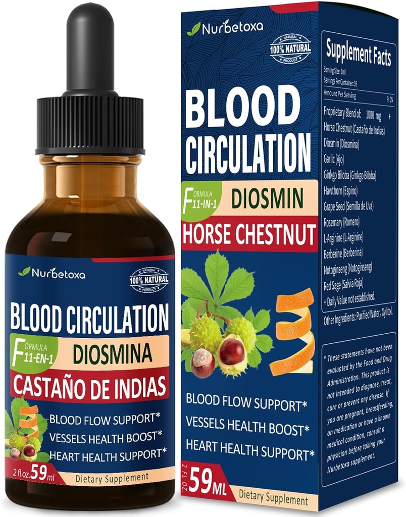 Blood Circulation Horse Chestnut Extract Liquid Drops, Castaño de Indias y Diosmina para la Circulacion y Varices, Nitric Oxide Supplement for Blood Flow, Pressure & Heart Health.2 oz