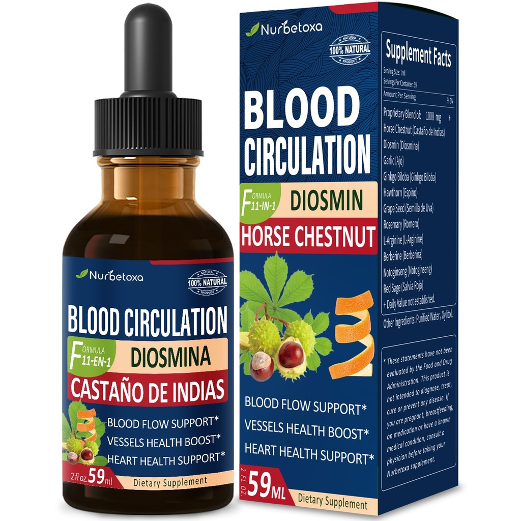 Kan Circulation Horse Chestnut Extract Liquid Drops, Castaño de Indias y Diosmina para la Circulacion y Varices, Nitrik Oksit Kan Akışı, Baskı ve Kalp Sağlığı için Tamam.2 oz