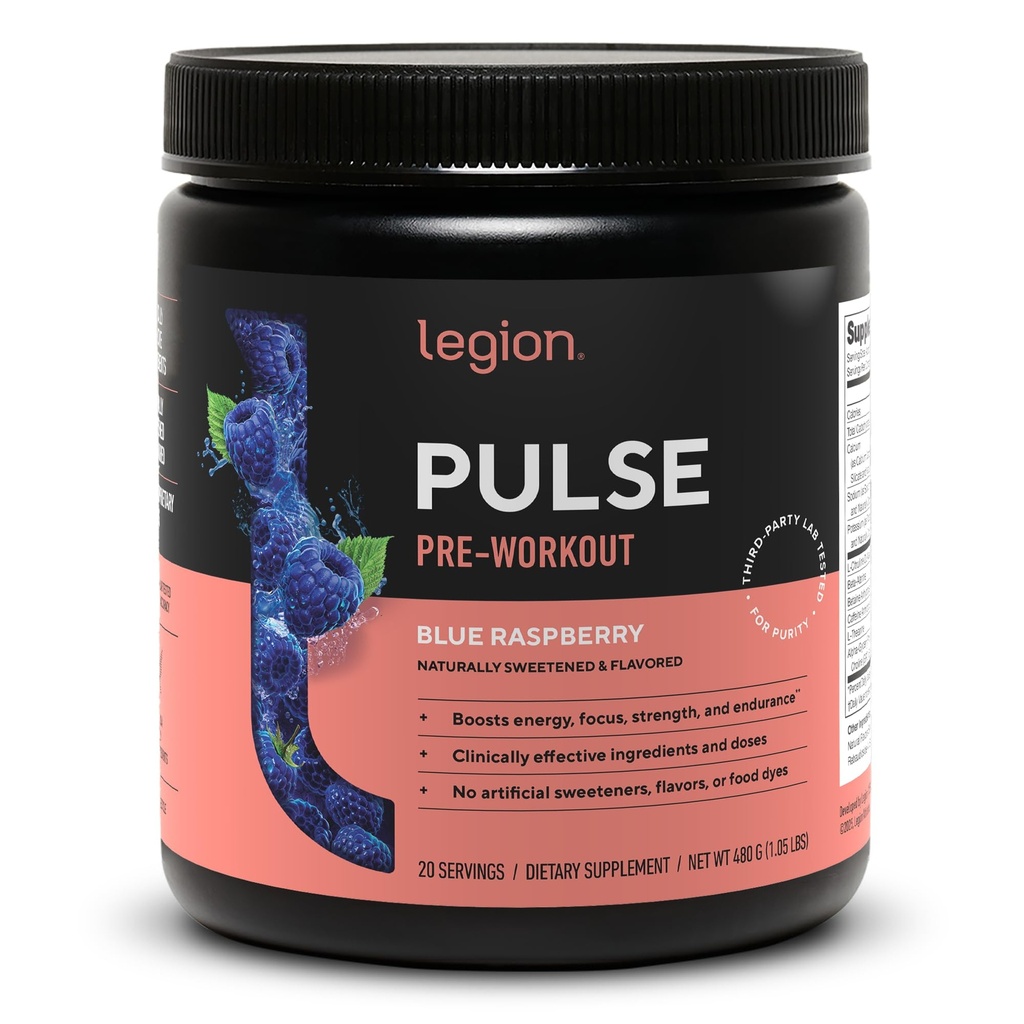 LEGION Pulse Pre Workout - All Natural Nitrik Oksit Preworkout Drink to Boost Energy, Kretine Free, Natural Sweetized, Beta Alanine, Citrulline, Alpha GPC (Mavi Raspberry)