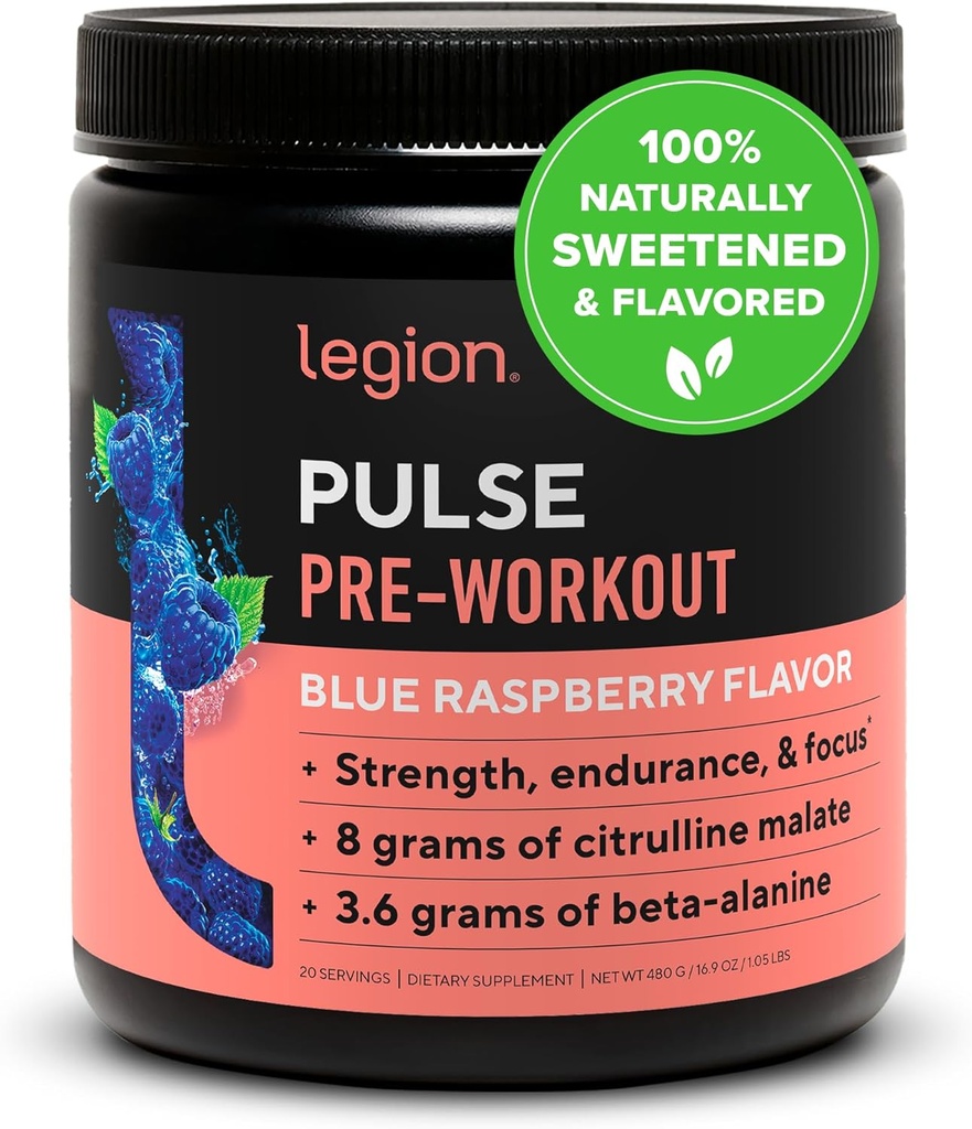 LEGION Pulse Pre Workout - All Natural Nitrik Oksit Preworkout Drink to Boost Energy, Kretine Free, Natural Sweetized, Beta Alanine, Citrulline, Alpha GPC (Mavi Raspberry)