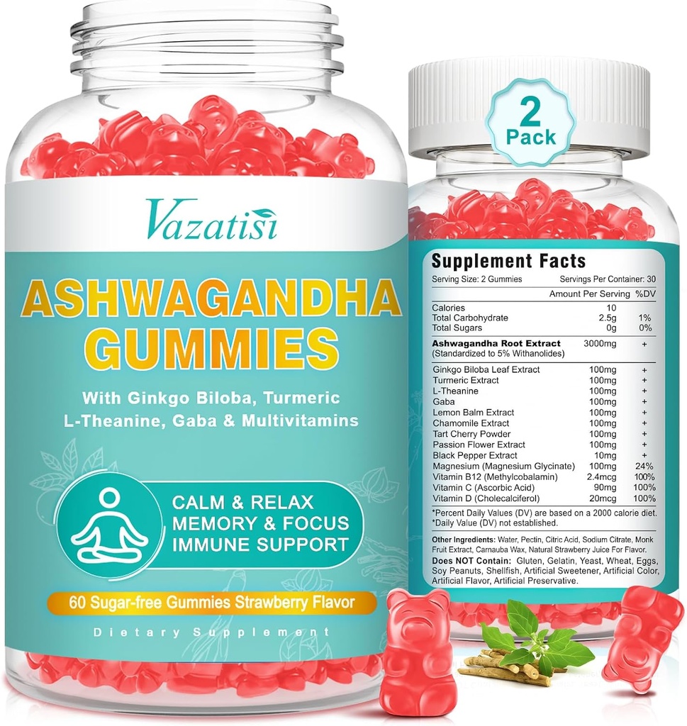 2 Πακέτο Ashwagandha Gummies με Turmeric GABA Mood Ενέργεια και ανοσοποιητική υποστήριξη, Φράουλα Γεύση 120 κοχ