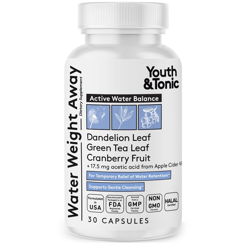 Youth & Tonic Water Pills for Fluid Retention – Water Weight Away Natural Diuretic for Bloat Relief & Fluid Balance, Support for Swollen Legs & Feet with Potassium & Vitamin B6 – 30 Pills