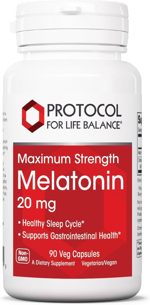 PROTOCOL FOR LIFE BALANCE Melatonin maksimum Güçlü - 20 mg Melatonin - Yetişkinler için Uyku Desteği - Daily Immune Support - Pineal Gland Aid - Vegan & Non-GMO - 90 Veg Capsules