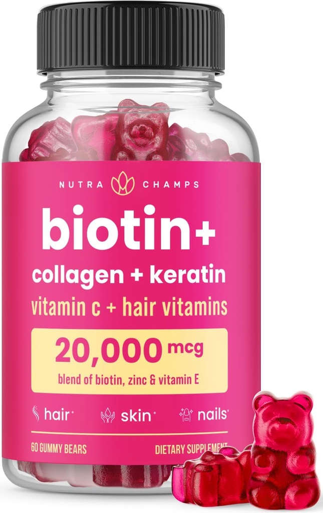 NutraChamps Hair Skin & Nails Gummies | Biotin with Collagen & Keratin | 5000mcg Biotin Beauty Kompleksi | Kadınlar ve Erkekler için Vitamin Tamam | Sağlıklı Saç, Tavşanlı Skin & Güçlü Nails