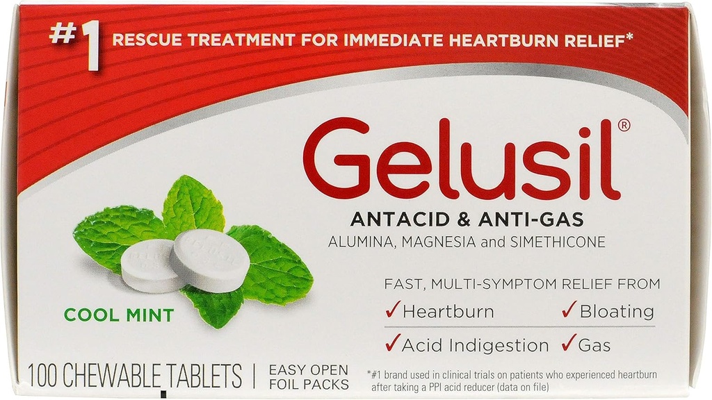 Gelusil Antacid & Anti Gas Tabletleri Heartburn Relief, Acid Reflux, Bloating and Gas, Cool Mint - 100ct F (Pack of 2)