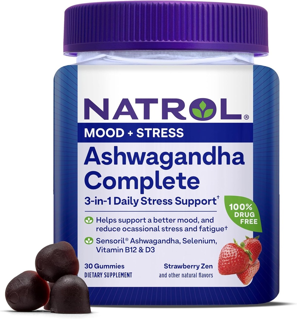 Natrol Ashwagandha Complete Gummy, 3-σε-1 καθημερινή υποστήριξη στρες, υποστηρίζει καλύτερη διάθεση, μειώνει περιστασιακό άγχος και κόπωση, 30 Gummies, μέχρι 15 ημέρες εφοδιασμού