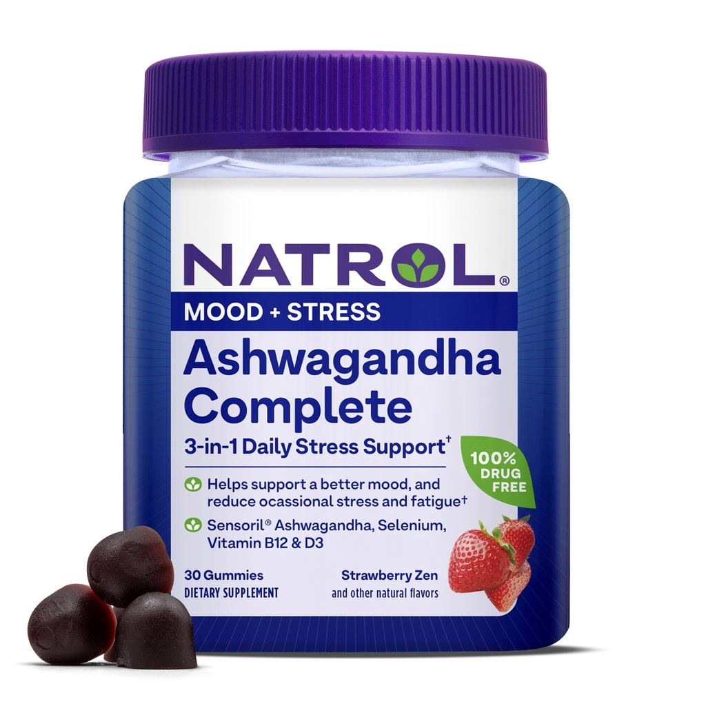 Natrol Ashwagandha Tamam Gummy, 3-in-1 Günlük Stres Desteği, Daha İyi Mood, Azaltılar Occasional Stres ve Fatigue, 30 Gummies, Up to a 15 Day Supply