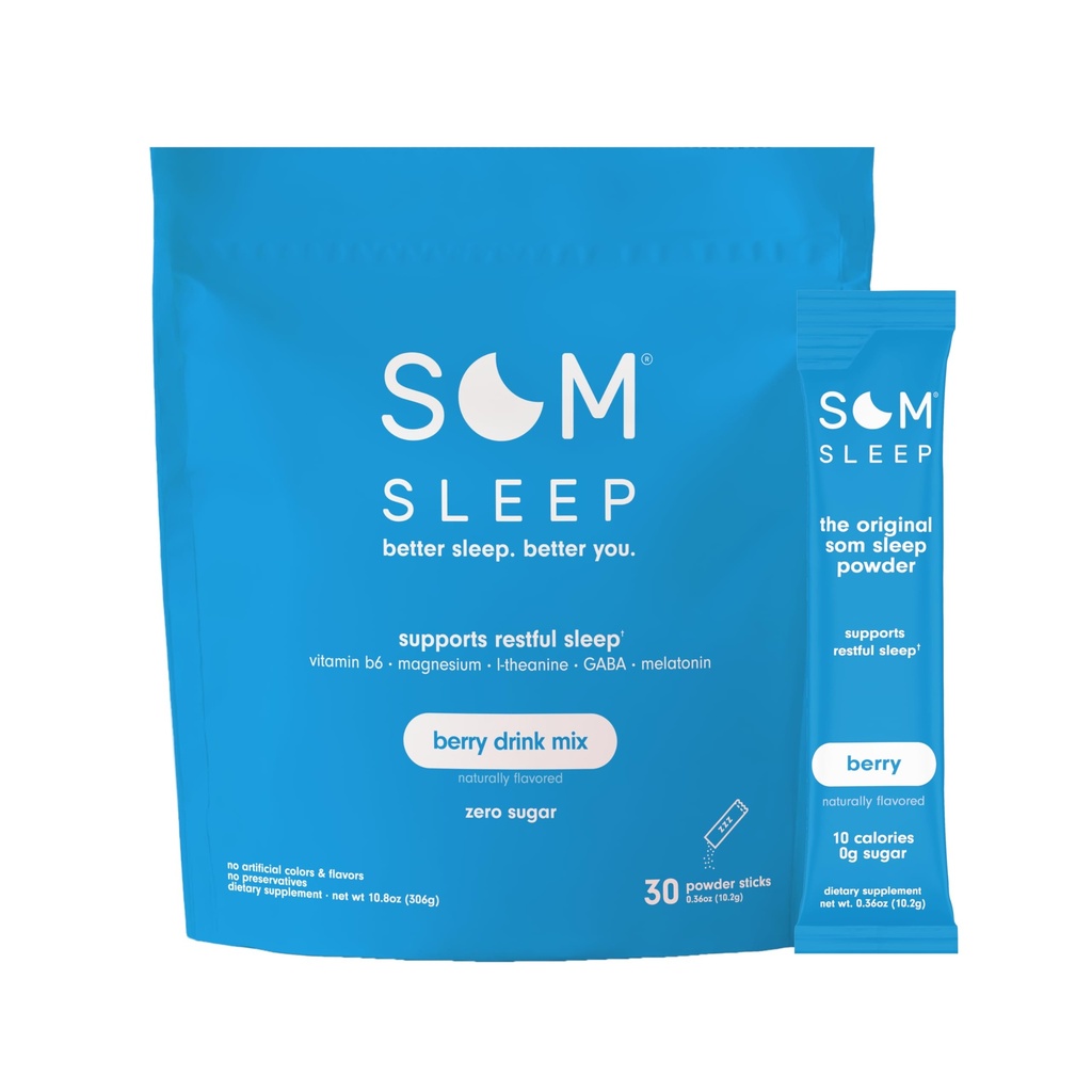 Som Sleep, Calm Sleep Nighttime Powder Drink Mix, Melatonin 3mg, Magnesium, Vitamin B6, L-Theanine & GABA – Vegan, Zero Sugar – Berry, 30-Pack