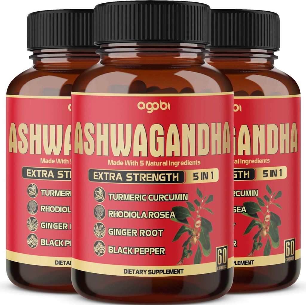 3 Packs 60 Capsules - Ashwagandha Supplement 5200 mg - 5in1 with Ginger, Turmeric, Rhodiola Rosea & Black Pepper - Stamina & Body Health Support - 6Month Supply