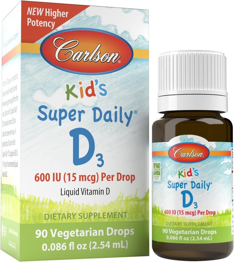 Carlson Kid's Super Daily D3, 600 IU (15 mcg) ανά Σταγόνα – Υγρή Βιταμίνη D Σταγόνες για Παιδιά, 90 σταγόνες (2,54 mL), Χορτοφαγικά, Αγευμένα
