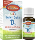 Carlson Kid's Super Daily D3, 600 IU (15 mcg) per Drop – Liquid Vitamin D Drops for Kids, 90 Drops (2.54 mL), Vegetarian, Unflavoured