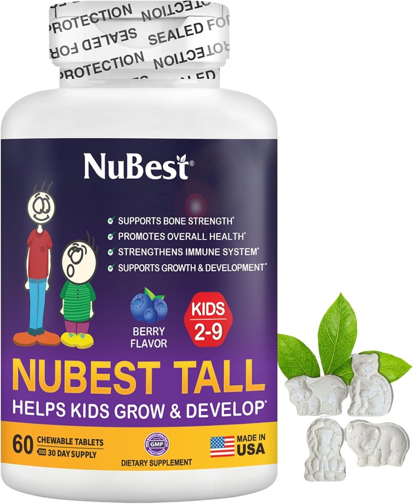Nu Best Tall Kids - Multivitamins & Minerals for Age 2 to 9 - Bone Strength & Immunity Support - Helps Kids, Toddlers Sağlıklı - Hayvan Şekilleri - 60 Chewable Berry Tabletler | 1 Ay Supply