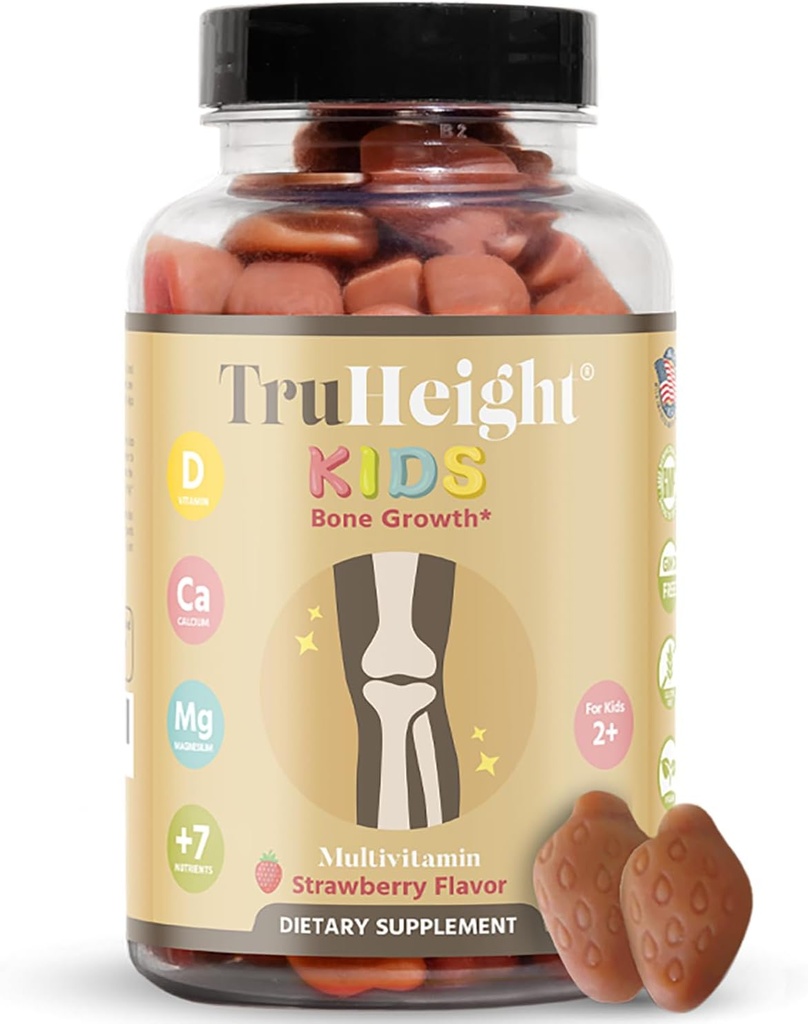 TruHeight Kids Bone Gummies (Strawberry, Ages 2+) All Natural Kids & Toddler Vitamins - Vitamin D, Kalsiyum, K, Magnezyum Multivitamin, Büyüme ve Geliştirme, Güçlü Bones, D3 K2, Vegan