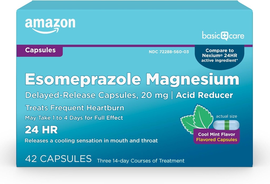 Temel Bakım Esome Magnezyum Gecikmiş-Release Capsules 20 mg, asit dağılımı, Cool Mint, 42 Kont (3 14 Paket)