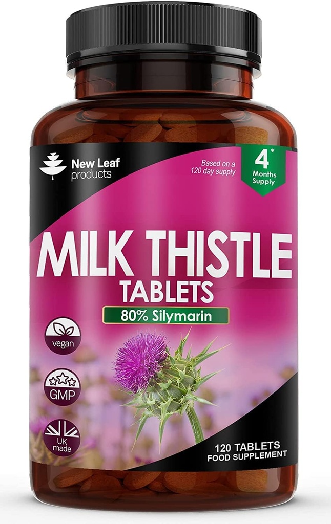 New Leaf Products Milk Thittle 1000mg Tablets (4 Μήνας Προμήθειας) Υψηλής Αντοχής 2000mg 80% Silymarin, Vegan Tablets, GMO- Free, Gluten- Free 120 Tablets
