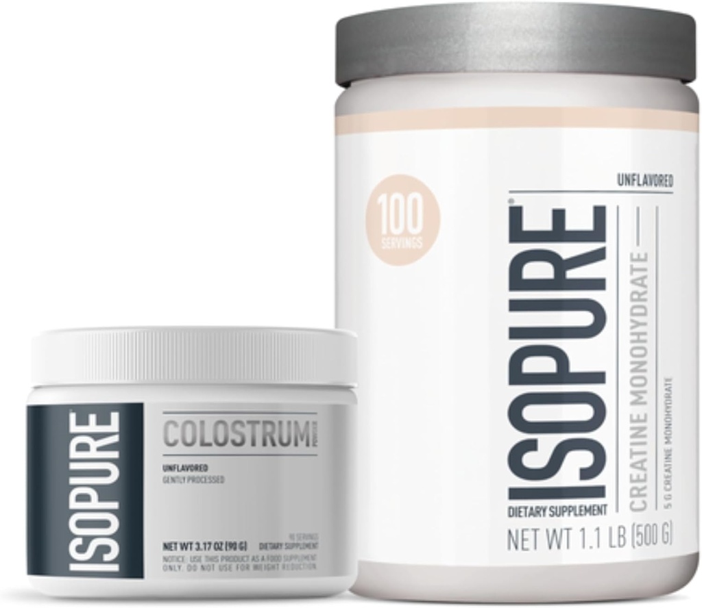 Δέσμη του Isopure Bovine Colostrum Supplement Powder, Μαλακά επεξεργασμένο, 90 μερίδες + Isopure Άγευστη Creatine Monohydrate Powder, 5g Creatine Monohydrate per Scoop, 100 μερίδες, 500g