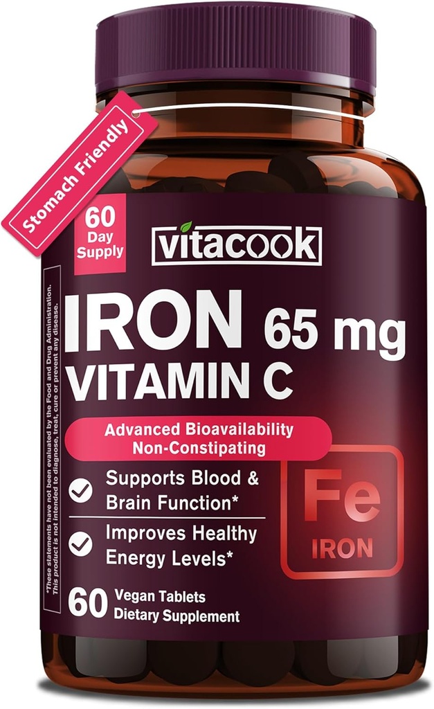 Kadınlar için Demir Supplement, Yüksek Potency Iron 65mg, C 250 mg, Yavaş Konuş Stomach Friendly Iron Pills for Red Blood Hücre & Immune Support, Non-GMO, Gluten Free, 60 Vegan Tabs