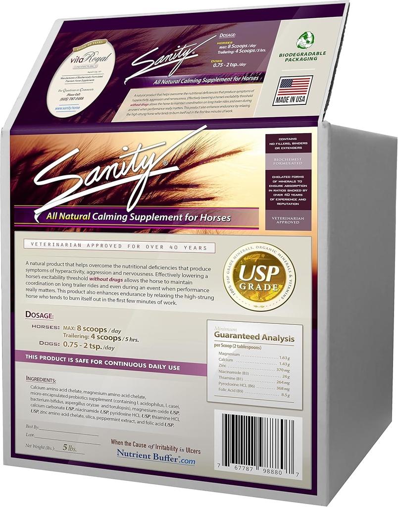 Sanity - Equine Behavioral Calming Focus Supplement for Horses - Μαγνήσιο, Ασβέστιο, Ψευδάργυρος, Β Βιταμίνες, Αμινοξέα, Προβιοτικά, Θιαμίνη, Φολικό οξύ, Νιασίνη, Μέντας & Περισσότερα