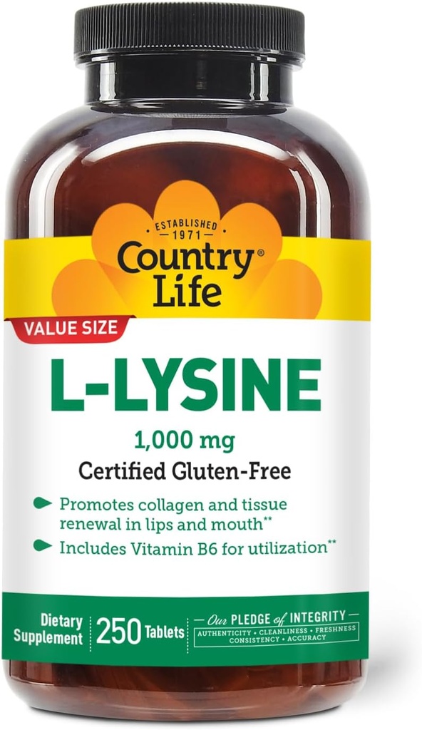 Country Life L-Lysine 1000mg με B-6, υποστηρίζει την ανοσοποιητική υγεία, προωθεί την ανανέωση κολλαγόνου σε χείλη και στόμα, 250-Count, Certified Gluten Free, Certified Vegan