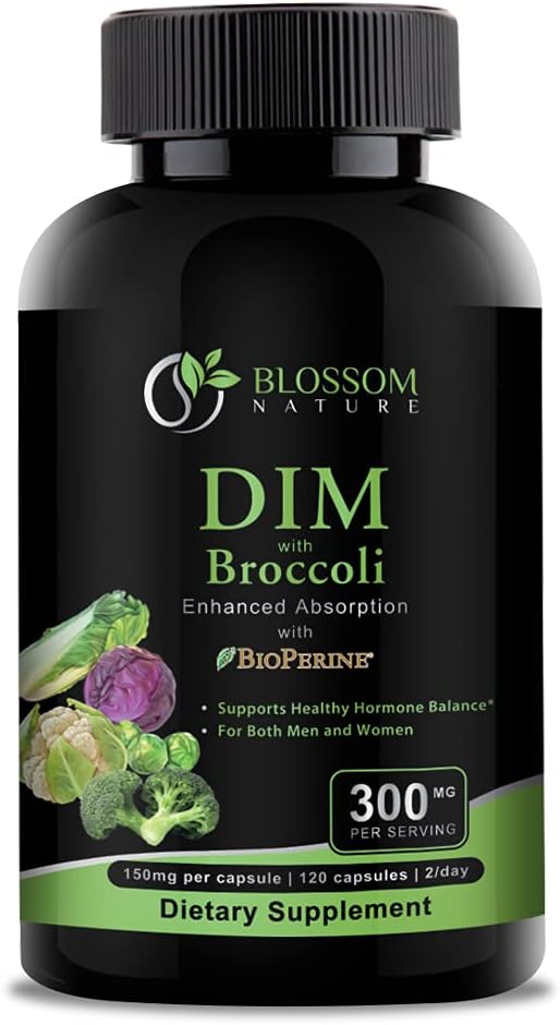 DIM Supplement 300 mg with Broccoli 200 mg BioPerine 10 mg-Hormone and Estrogen Balance for Women & Men,Menopause Relief,PCOS & PMS Support,Hormonal Acne Tedavisi-120 Caps,Diindolylmethane 150mg per Caps
