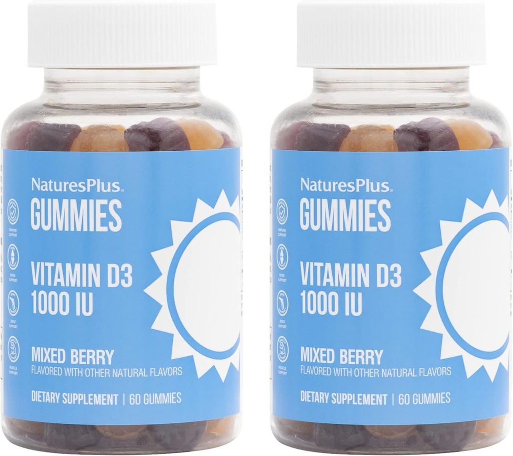 NaturesPlus Gummies Βιταμίνη D3 1000 IU, Μικτό μούρο - 60 Gummies, Πακέτο των 2 - Προάγει την υγεία των οστών & Ανοσολογική λειτουργία - Vegan, Χωρίς γλουτένη, Μη ΓΤΟ - 120 Σύνολο Υπηρεσίες