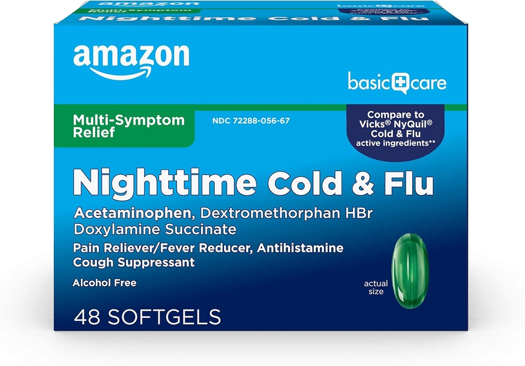 Basic Care Nighttime Cold and Flu Relief Softgels, 6 ώρες Ψυχρή Ιατρική, Ανακουφίζει τα μείζονα συμπτώματα γρίπης ώστε να μπορείτε να ξεκουραστείτε, 48 κόμης (πακέτο του 1)