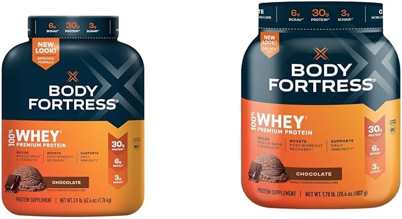 Body Fortress 100% Whey, Premium Protein Toz, Çikolata, 3.9lbs (Pazar Mayıs Vary) ve% 100 Whey, Premium Protein Toz, Çikolata, 1.78lbs (Pazar May Vary)