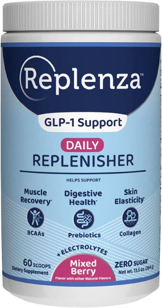 Replenza Daily Replenisher GLP-1 Beslenme Desteği, Toz, Kas Kurtarma, Sıvı Asitler, Prebiyotikler ve Collagen, - Berry Flavor, 60 Scoops,13.5 OZ