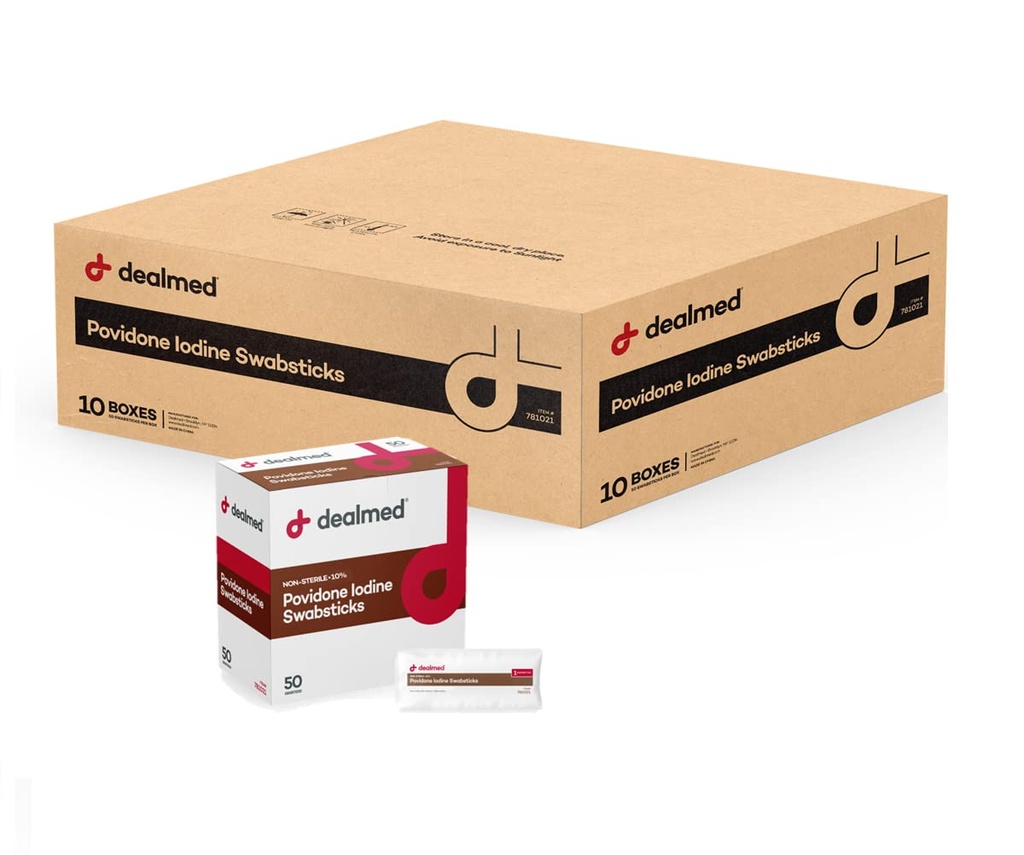 Dealmed Povidone Iodine 10% Swabsticks - Bireysel olarak Yara Bakımı ve Portatif İlk Yardım Kitleri için Mükemmel Paketler, 50/Box (Case of 10)