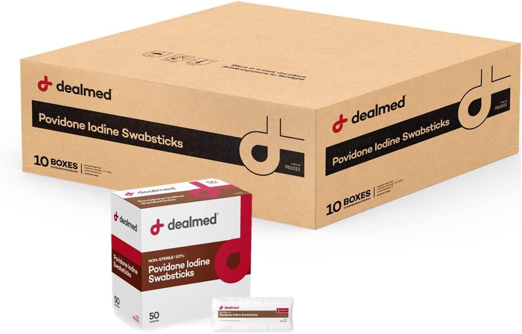 Dealmed Povidone Iodine 10% Swabsticks - Individually Sealed Packets Perfect for Wound Care and Portable First Aid Kits, 50/Box (Case of 10)