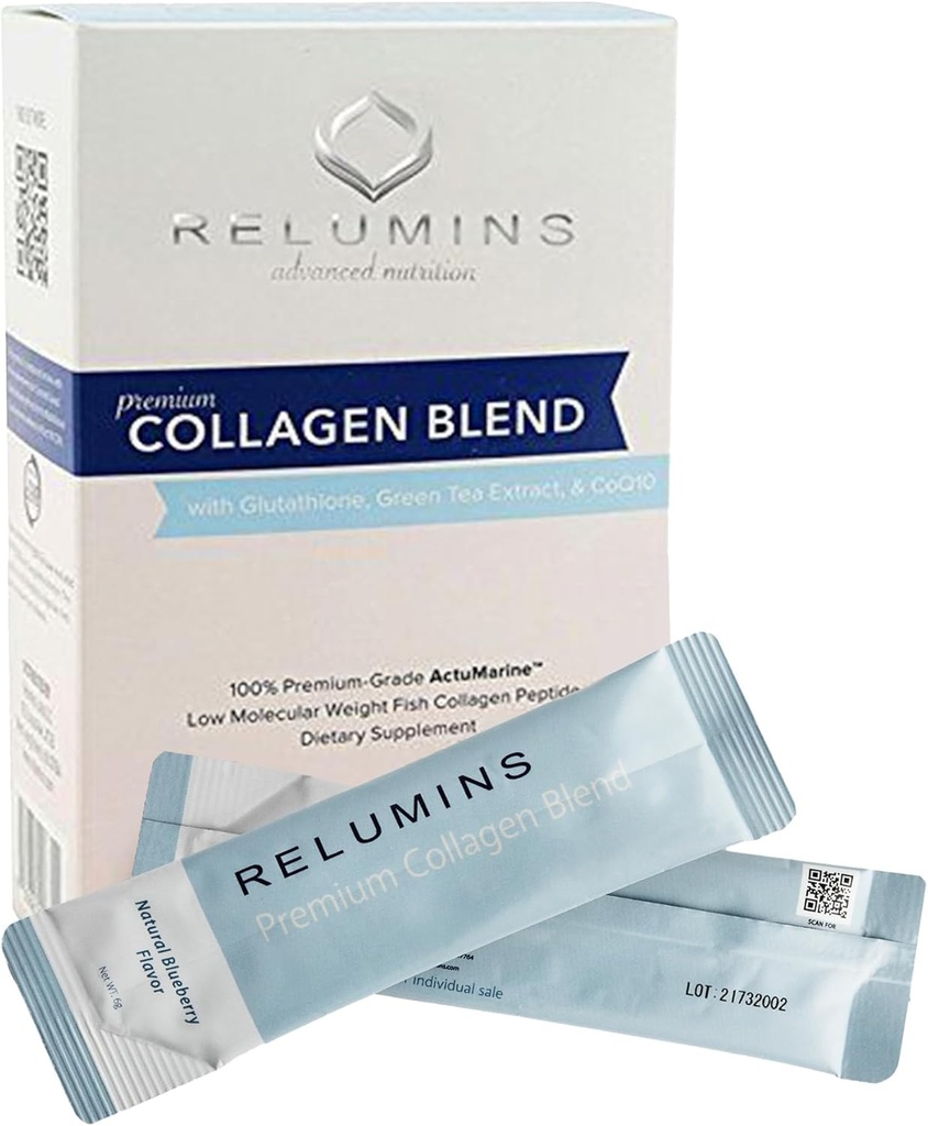 Relumins Marine Collagen Powder Drink Mix - Collagen Peptide με Glutathione, Πράσινο Τσάι, CoQ10, & Υαλουρονικό οξύ Προάγει το Λαμπερό Δέρμα - 100 Σακάκια σκόνης x Blueberry Flavored + 10 Δωρεάν Σακάκια