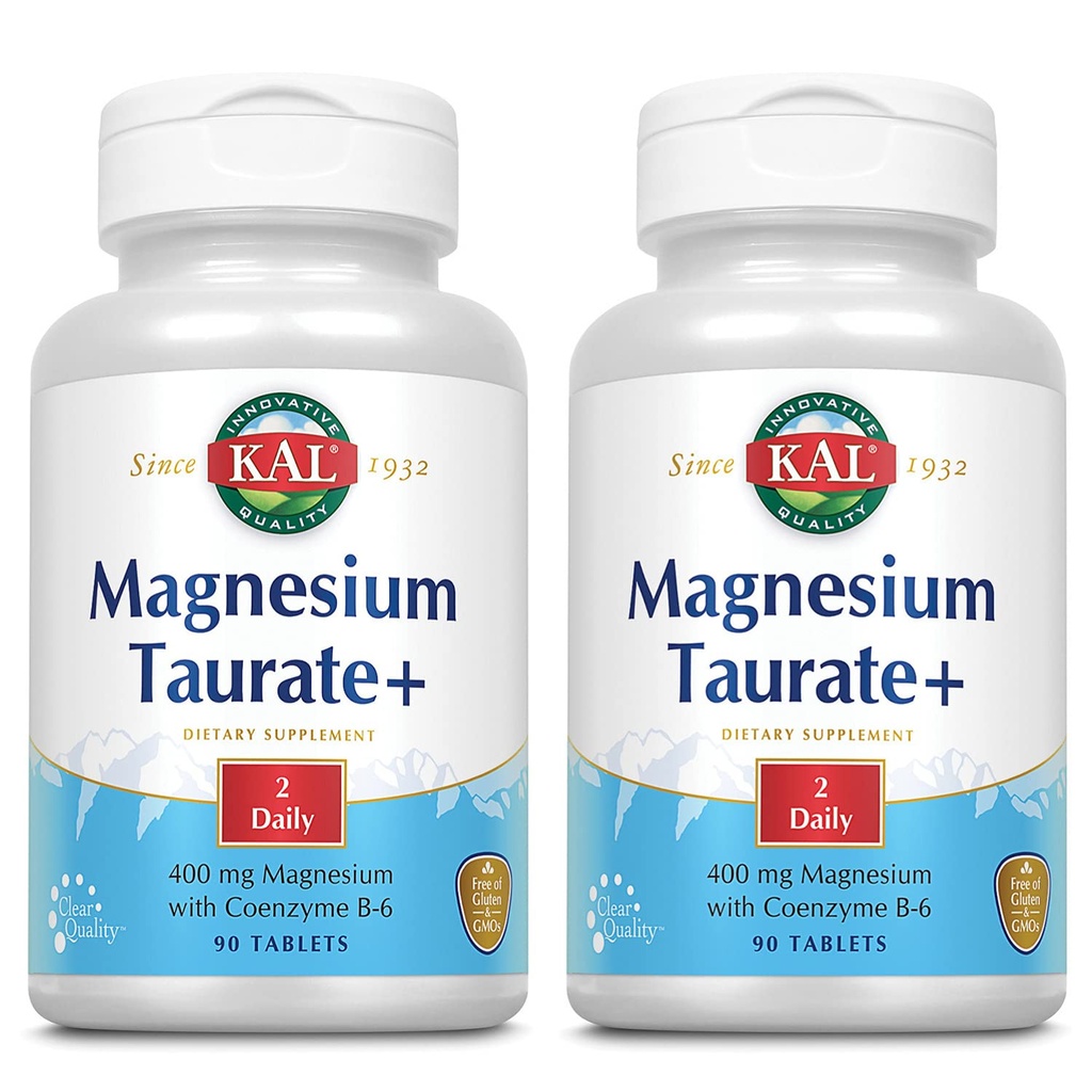 KAL Magnesium Taurate Plus 400mg w/Coenzyme B6 | Highly Bioavailable, Chelated, Vegan | for Normal Nerve, Muscle Function and Heart Health | 90 Tabs | 2 pk