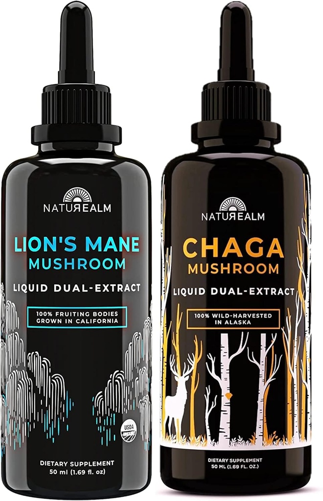 Naturealm Lion's Mane & Chaga Mushroom Extract - Focus için Adaptogen Stack, Immunity, Longevity, Stress Relief, Gut Health, Anti-Aging, Energy & More - Organik Liquid Drops - 50 mL Her (2 Paket)
