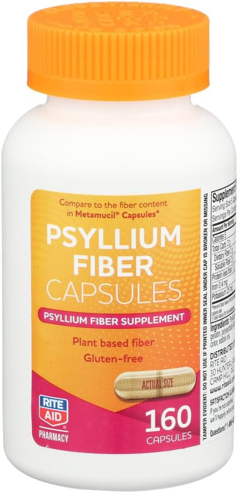 Rite Aid Psyllium Fiber Capsules, 160 Kont, Psyllium Fiber Supplement, | Constipation Relief | 100% Natural Psyllium Husk Fiber | Düzenli Sağlık Geri Yüklemeye Yardımcı | Tavsiyeler