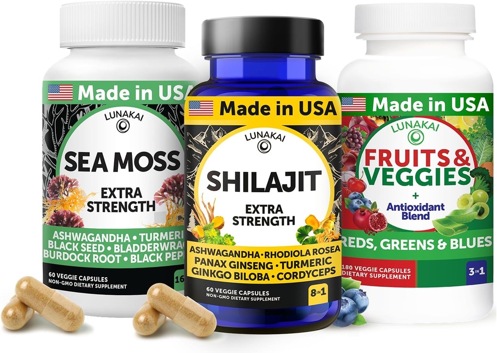 Lunakai USA 3in-1 Supplement Capsule Pack – Shilajit, İrlandalı Deniz Moss & Superfood Meyveleri ve Veggies