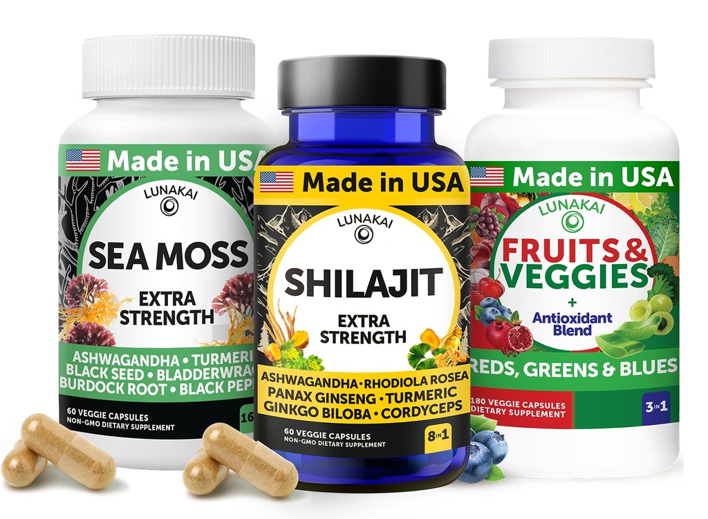 Lunakai USA Made 3-in-1 Supplement Capsule Pack - Shilajit, Ιρλανδική Θάλασσα Moss & Superfood Fruits and Veggies