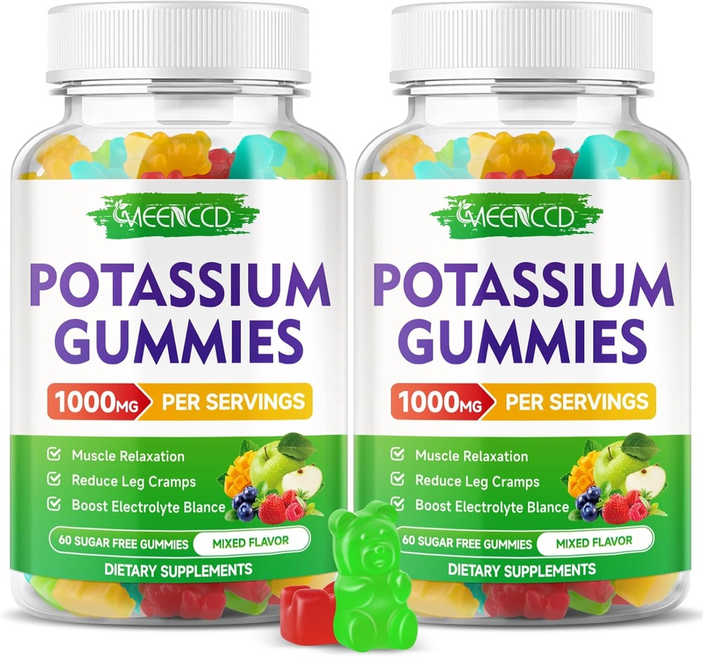 Potasyum Gummies 1000 mg, Yüksek Potency Pids Supplement Gummies for Yetişkinler Women & Men, Support Leg Cramps & Muscle Health, Sugar-Free, Mixfed Fruit Flavor, 120 Count
