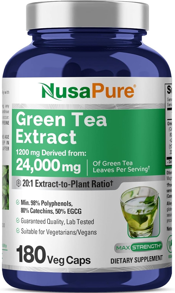 NusaPure Green Tea 20:1 Ekstraksiyon, 1200 mg 24000 mg, 180 Vegan Capsules,% 50 EGCG, 98 Polyols,% 80 Catechins
