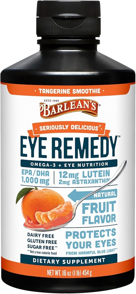Barlean's Eye Remedy Supplement, Tangerine Flavored Fish Oil Liquid with Lutein, Astaxanthin and Zeaxanthin,1,000 Omega 3 EPA DHA, Eye Care Supplements, 16 oz