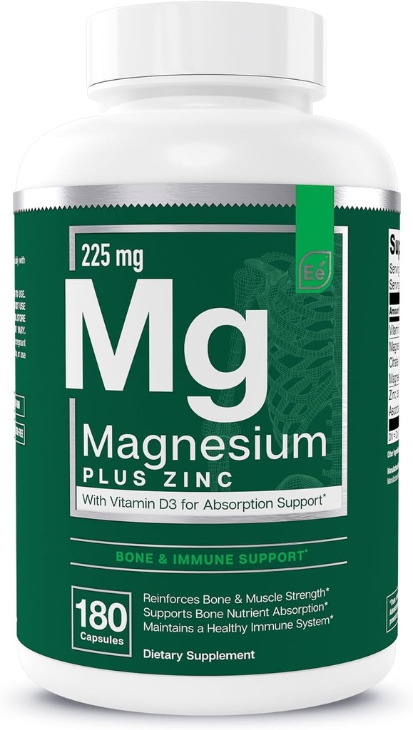 Temel Elements Magnezyum Plus Çinko D3 ile Vitamin | Bilimsel Olarak Formüle edilmiş Kalp, Bone & Muscle Support | 225 mg Triple-Strength Magnezyum Kompleks with Glycinate, Malate, Citrate | 180 Count