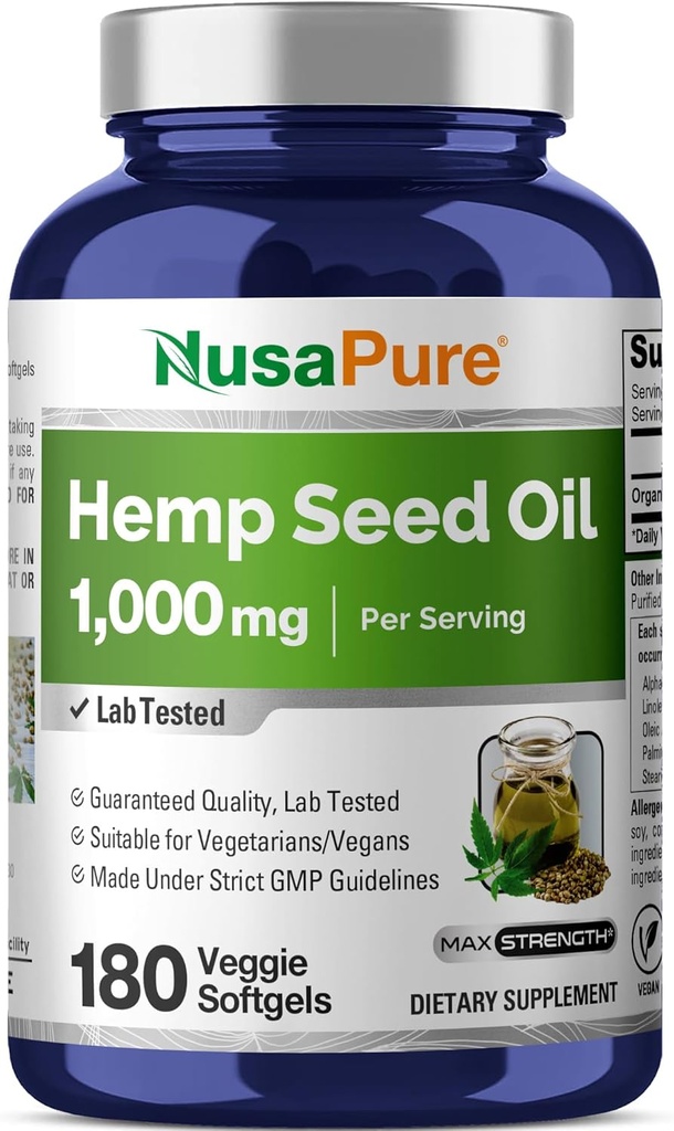 NusaPure Hemp Oil 1000mg Per Servis, 180 Veggie Softgels, Non-GMO, Vegan