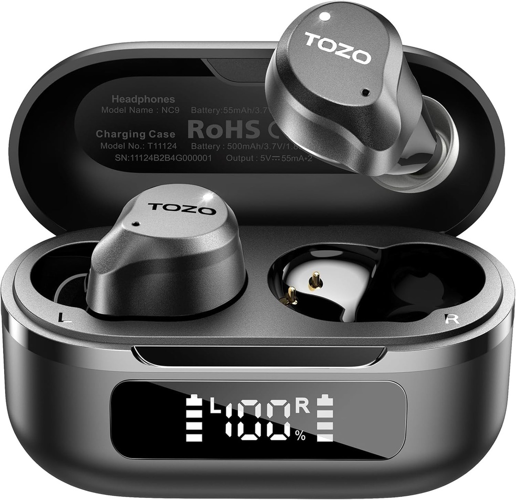 TOZO NC9 Hybrid Active Gürültü Kablosuz Earbuds, 6 Mics ENC Clear Call, IPX8 Sular, Kulak Bluetooth 5.3 Kulaklıklar Stereo Bass Ear Buds 59H Camtime with LED Display 32 EQs via APP